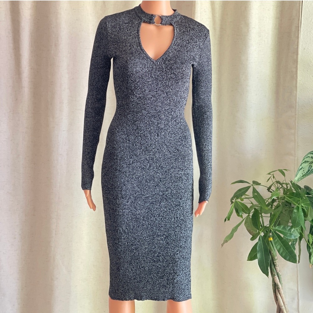 Metallic Silver Ribbed Bodycon Midi Dress Keyhole Ring Mock Neck Long Sleeve S - Picture 2 of 9